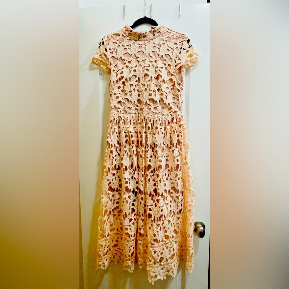 Embroidered, lace peach dress, size 14.